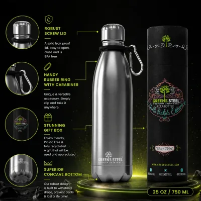 Gourde isotherme en acier inoxydable double paroi sous vide avec porte-gourde pour adultes et enfants - 12 oz, 17 oz et 25 oz