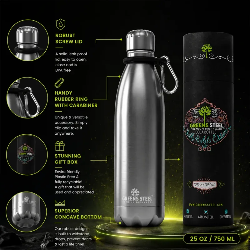 Gourde isotherme en acier inoxydable double paroi sous vide avec porte-gourde pour adultes et enfants - 12 oz, 17 oz et 25 oz