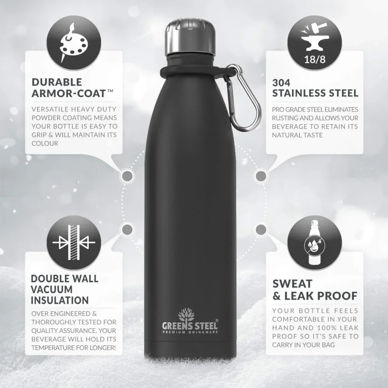 Gourde isotherme en acier inoxydable double paroi sous vide avec porte-gourde pour adultes et enfants - 12 oz, 17 oz et 25 oz
