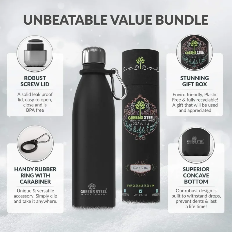 Gourde isotherme en acier inoxydable double paroi sous vide avec porte-gourde pour adultes et enfants - 12 oz, 17 oz et 25 oz