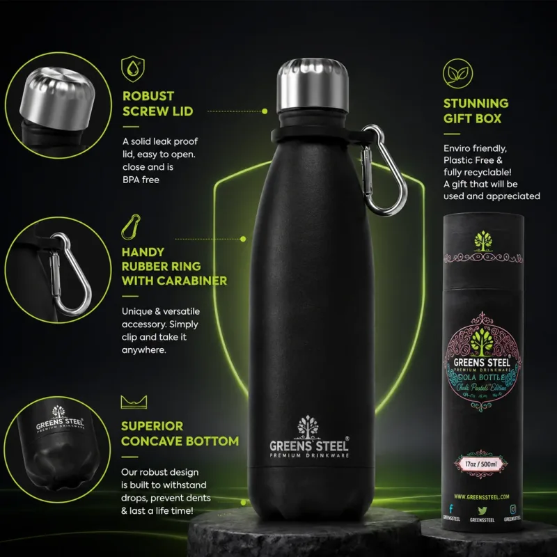 Gourde isotherme en acier inoxydable double paroi sous vide avec porte-gourde pour adultes et enfants - 12 oz, 17 oz et 25 oz