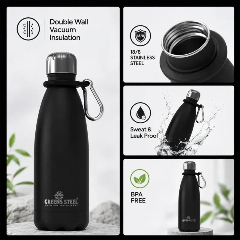Gourde isotherme en acier inoxydable double paroi sous vide avec porte-gourde pour adultes et enfants - 12 oz, 17 oz et 25 oz