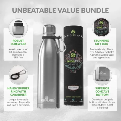 Gourde isotherme en acier inoxydable double paroi sous vide avec porte-gourde pour adultes et enfants - 12 oz, 17 oz et 25 oz
