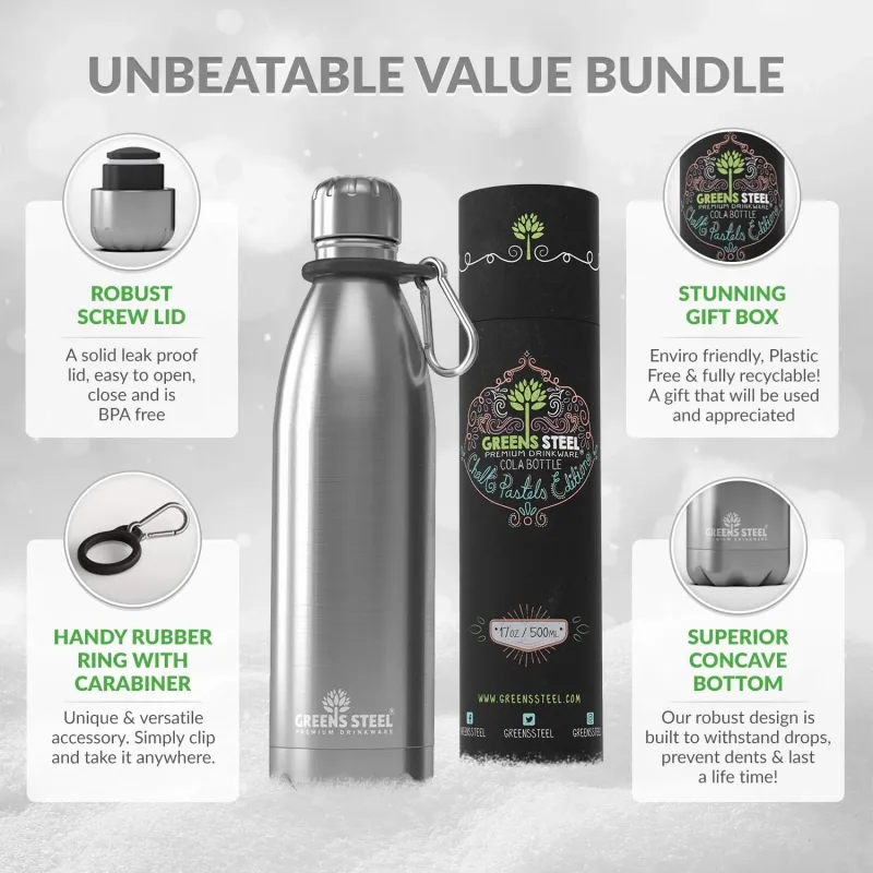 Gourde isotherme en acier inoxydable double paroi sous vide avec porte-gourde pour adultes et enfants - 12 oz, 17 oz et 25 oz