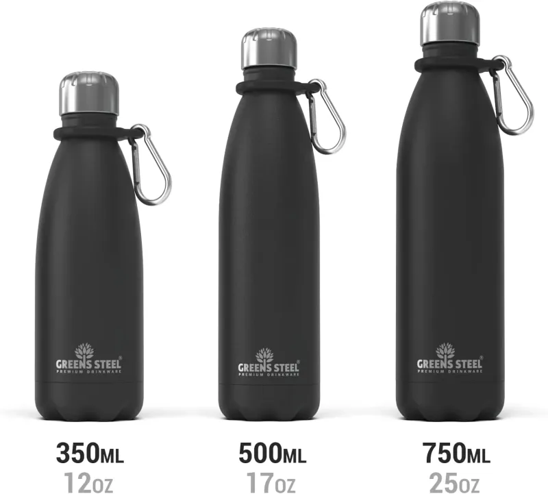 Gourde isotherme en acier inoxydable double paroi sous vide avec porte-gourde pour adultes et enfants - 12 oz, 17 oz et 25 oz