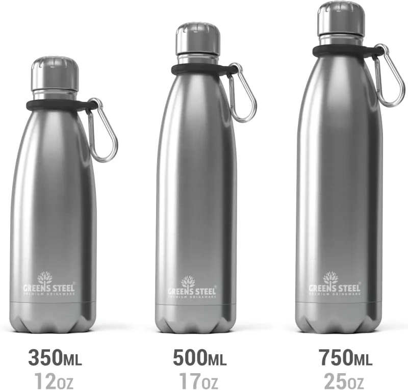 Gourde isotherme en acier inoxydable double paroi sous vide avec porte-gourde pour adultes et enfants - 12 oz, 17 oz et 25 oz